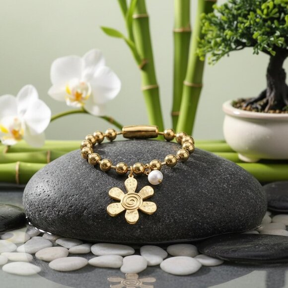 Chunky 24K Gold Plated Stainless Steel Bracelet Flower Charm Genuine Pearl - Picture 11 of 13